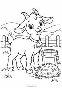 Desenho de cabritinha ao lado de um balde e um monte de feno para colorir, do blog Montando Minha Festa.