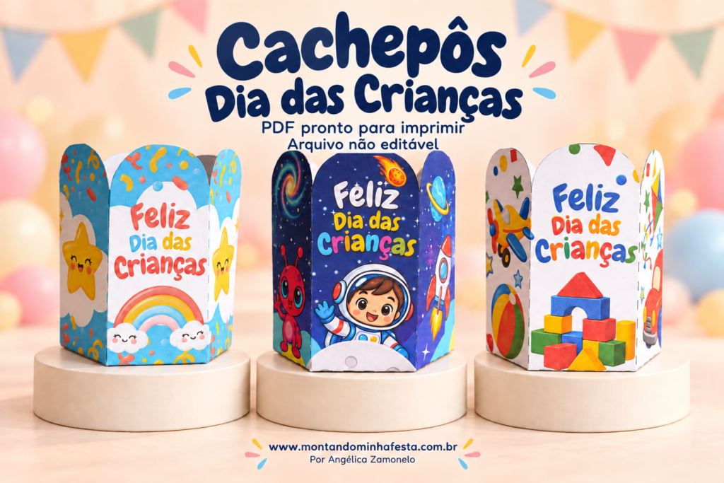 Três cachepôs de Dia das Crianças com temas arco-íris, astronauta e brinquedos sobre pedestais, disponíveis em PDF pronto para imprimir, não editável.