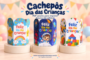 Três cachepôs de Dia das Crianças com temas arco-íris, astronauta e brinquedos sobre pedestais, disponíveis em PDF pronto para imprimir, não editável.