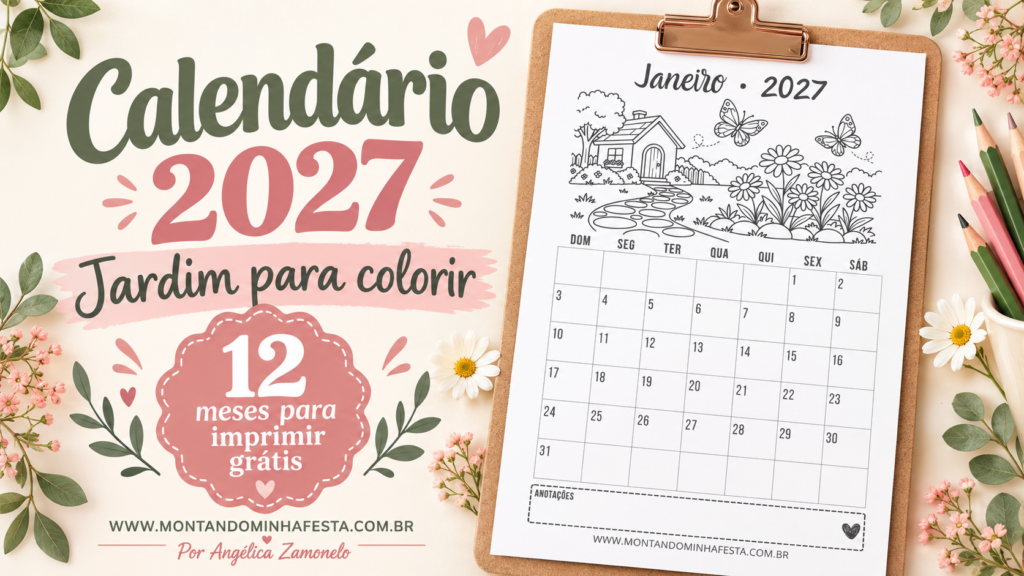 Calendário 2027 jardim para colorir do Montando Minha Festa, com página de janeiro em uma prancheta, flores e lápis de cor.