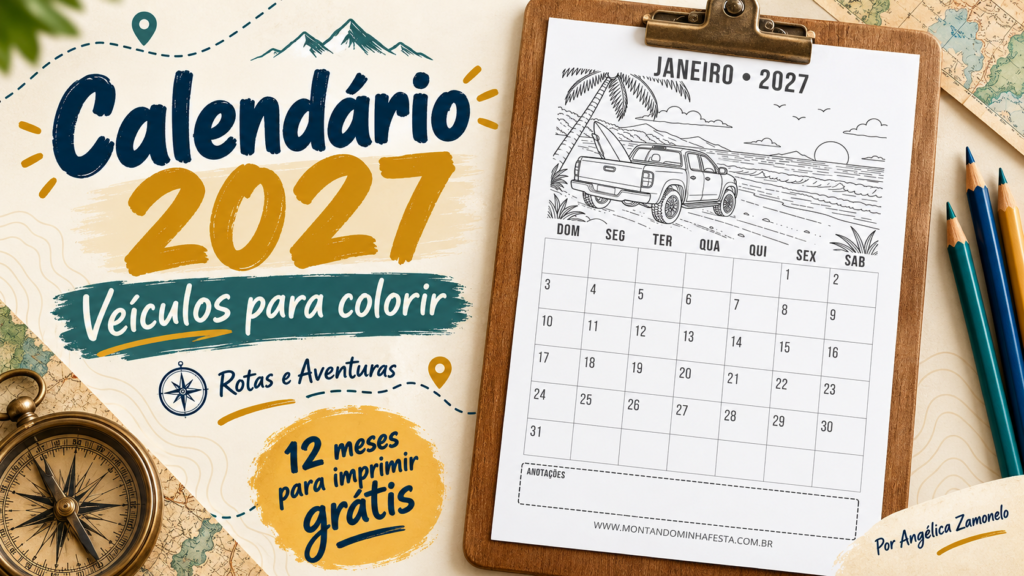 Calendário 2027 de veículos para colorir, coleção Rotas e Aventuras do Montando Minha Festa, com caminhonete na praia e página de janeiro em uma prancheta.
