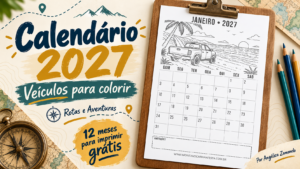 Calendário 2027 de veículos para colorir, coleção Rotas e Aventuras do Montando Minha Festa, com caminhonete na praia e página de janeiro em uma prancheta.