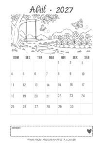 Calendário de abril de 2027 para colorir com balanço na árvore e jardim florido, do Montando Minha Festa.
