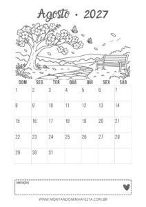 Calendário de agosto de 2027 para colorir com árvore florida, caminho de pedras e banco, do Montando Minha Festa.