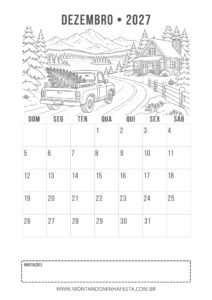 Calendário de dezembro de 2027 para colorir com caminhonete levando uma árvore de Natal, do Montando Minha Festa.
