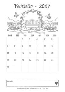 Calendário de fevereiro de 2027 para colorir com banco de jardim e arco florido, do Montando Minha Festa.