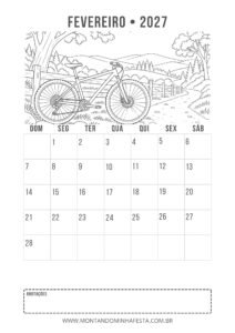 Calendário de fevereiro de 2027 para colorir com mountain bike em caminho arborizado, do Montando Minha Festa.