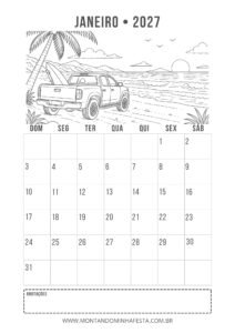 Calendário de janeiro de 2027 para colorir com caminhonete e prancha na praia, do Montando Minha Festa.
