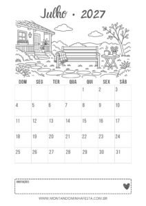 Calendário de julho de 2027 para colorir com banco, mesinha e varanda no jardim, do Montando Minha Festa