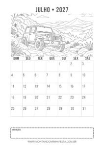 Calendário de julho de 2027 para colorir com jipe em trilha de pedras, do Montando Minha Festa.