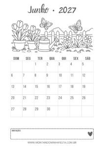 Calendário de junho de 2027 para colorir com vasos de tulipas e regador no jardim, do Montando Minha Festa.
