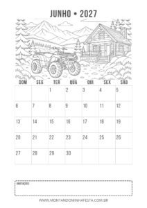 Calendário de junho de 2027 para colorir com quadriciclo ao lado de uma cabana nas montanhas, do Montando Minha Festa.