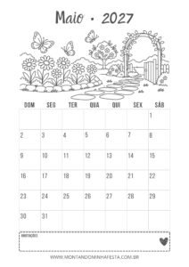 Calendário de maio de 2027 para colorir com flores, borboletas e portão de jardim, do Montando Minha Festa.