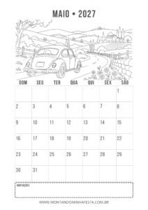 Calendário de maio de 2027 para colorir com carro antigo em estrada do interior, do Montando Minha Festa.