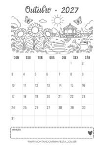 Calendário de outubro de 2027 para colorir com girassóis, borboletas e gazebo no jardim, do Montando Minha Festa.