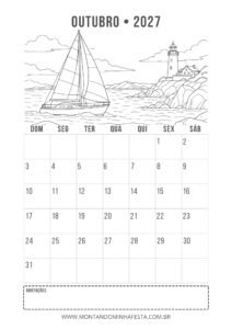 Calendário de outubro de 2027 para colorir com barco à vela próximo a um farol, do Montando Minha Festa.