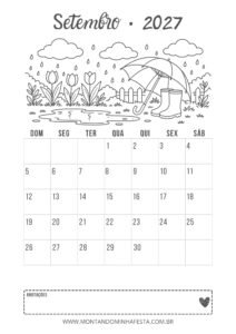 Calendário de setembro de 2027 para colorir com chuva, guarda-chuva e botas no jardim, do Montando Minha Festa.