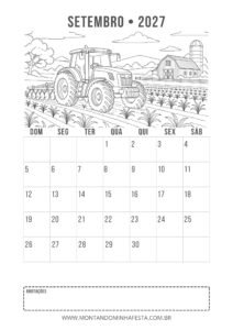 Calendário de setembro de 2027 para colorir com trator na plantação e celeiro ao fundo, do Montando Minha Festa.