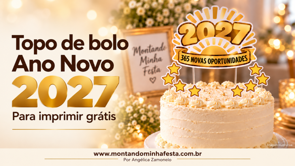 Topo de bolo Ano Novo 2027 dourado com a frase “365 novas oportunidades” e oito estrelas sobre bolo branco, com chamada para imprimir grátis.