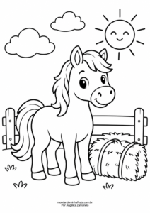 Desenho de cavalinho ao lado de um fardo de feno para colorir, do blog Montando Minha Festa.