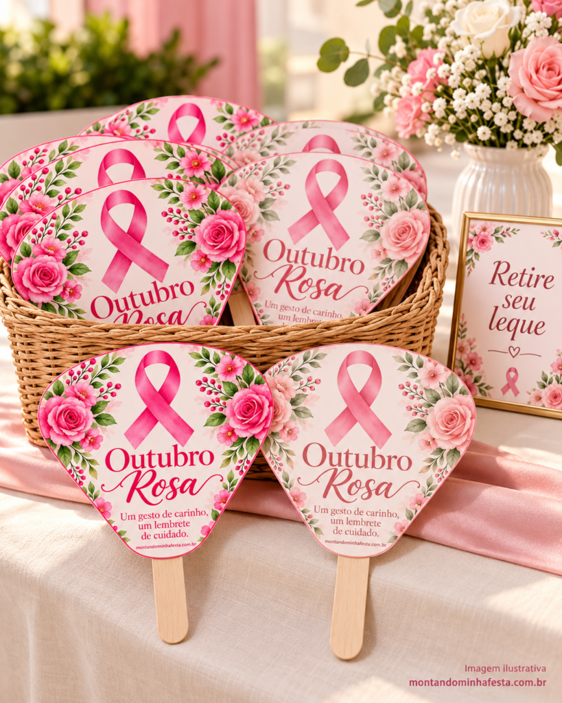 Cesta com leques florais de Outubro Rosa e dois modelos montados à frente, ao lado da plaquinha “Retire seu leque”.