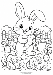 Desenho de coelhinho segurando uma cenoura na horta para colorir, do blog Montando Minha Festa.