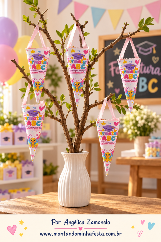 Cinco cones de formatura ABC com borboletas, pendurados por alças de fita rosa em um galho dentro de um vaso branco.