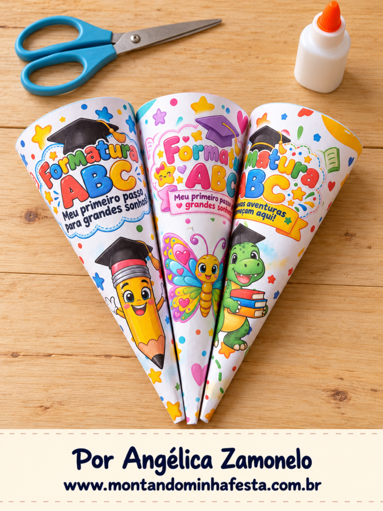 Três cones de guloseimas para formatura ABC com desenhos de lápis, borboleta e dinossauro, sobre mesa de madeira ao lado de tesoura e cola.