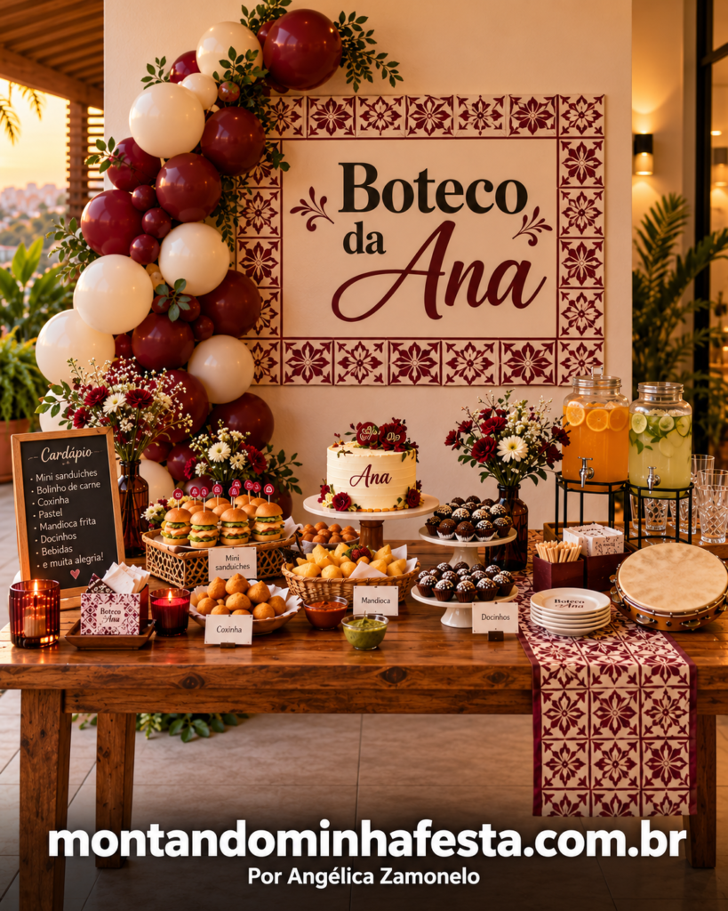 Decoração de aniversário feminino com tema Boteco da Ana, balões vinho e creme, painel de azulejos e mesa de madeira com bolo, petiscos e flores.