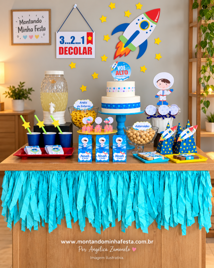 Mesa de festa astronauta com caixinhas personalizadas, pirâmides com foguetes, bolo temático e painel com estrelas de papel.