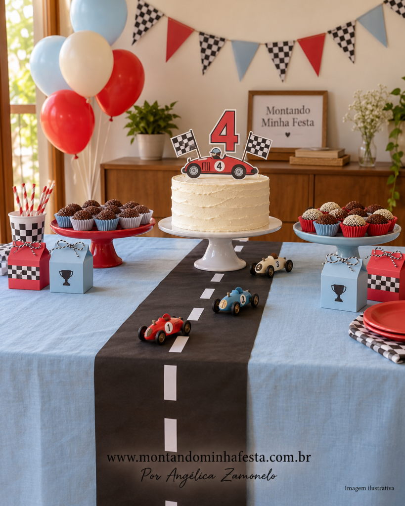 Mesa de festa infantil com toalha azul, pista de papel preto, carrinhos retrô, bandeirinhas quadriculadas e bolo com topo de 4 anos.