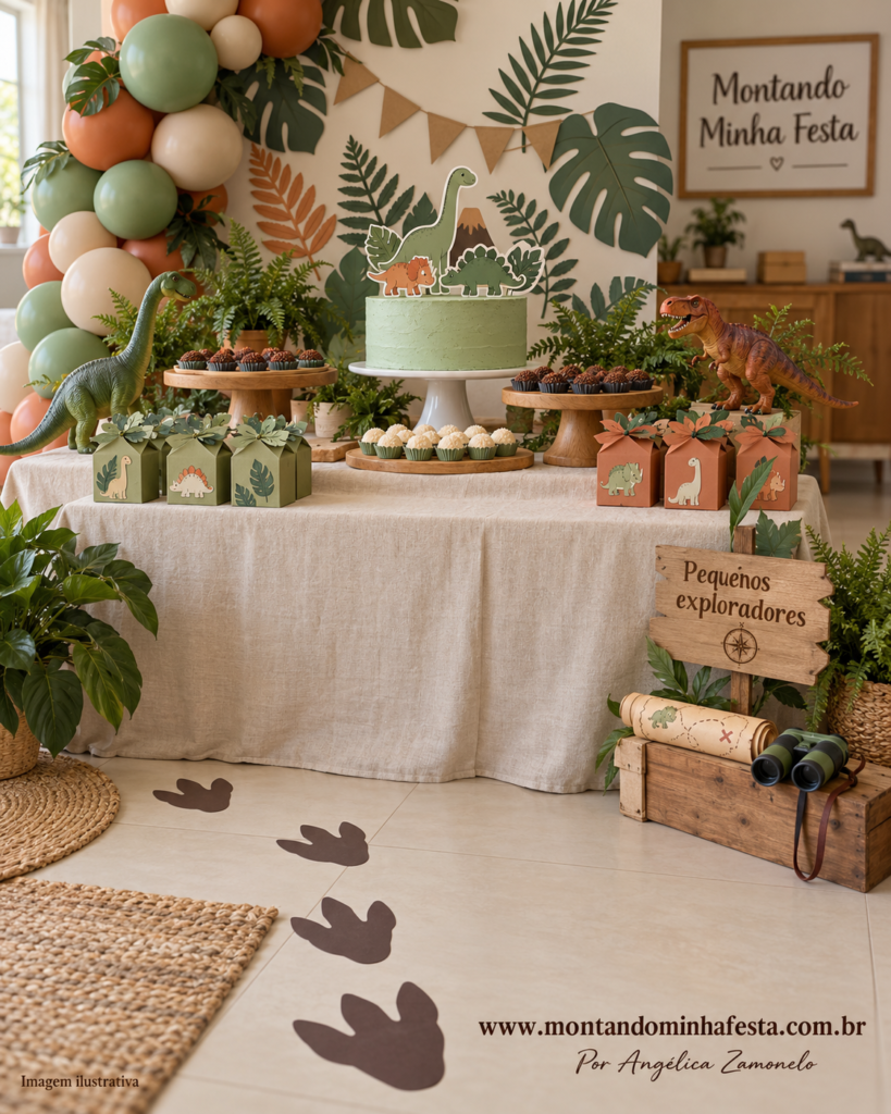 Festa de dinossauros em verde-sálvia, areia e terracota, com folhagens, bolo temático, caixinhas e pegadas de papel no chão.