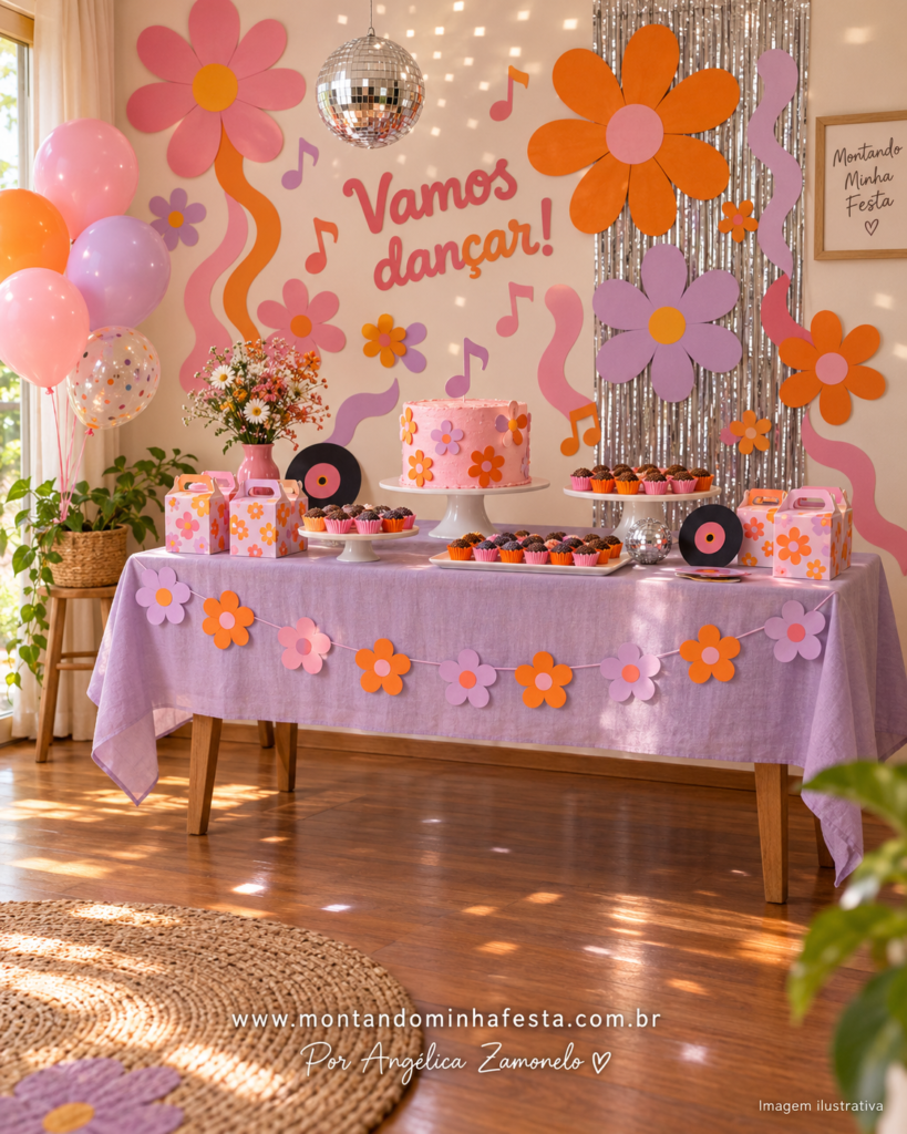 Festa disco em rosa, laranja e lilás, com flores retrô de papel, globo espelhado, notas musicais e painel Vamos dançar.