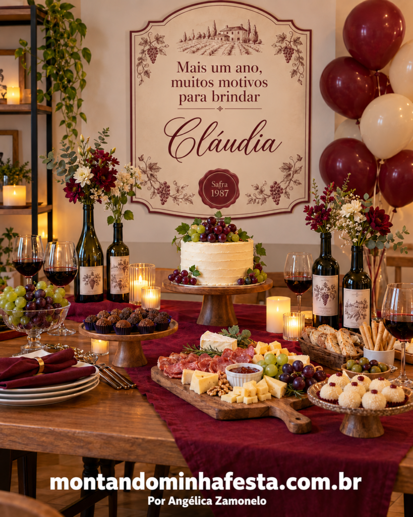 Festa feminina com tema vinho, decoração bordô e creme, bolo com uvas e painel “Mais um ano, muitos motivos para brindar”, do blog Montando Minha Festa.