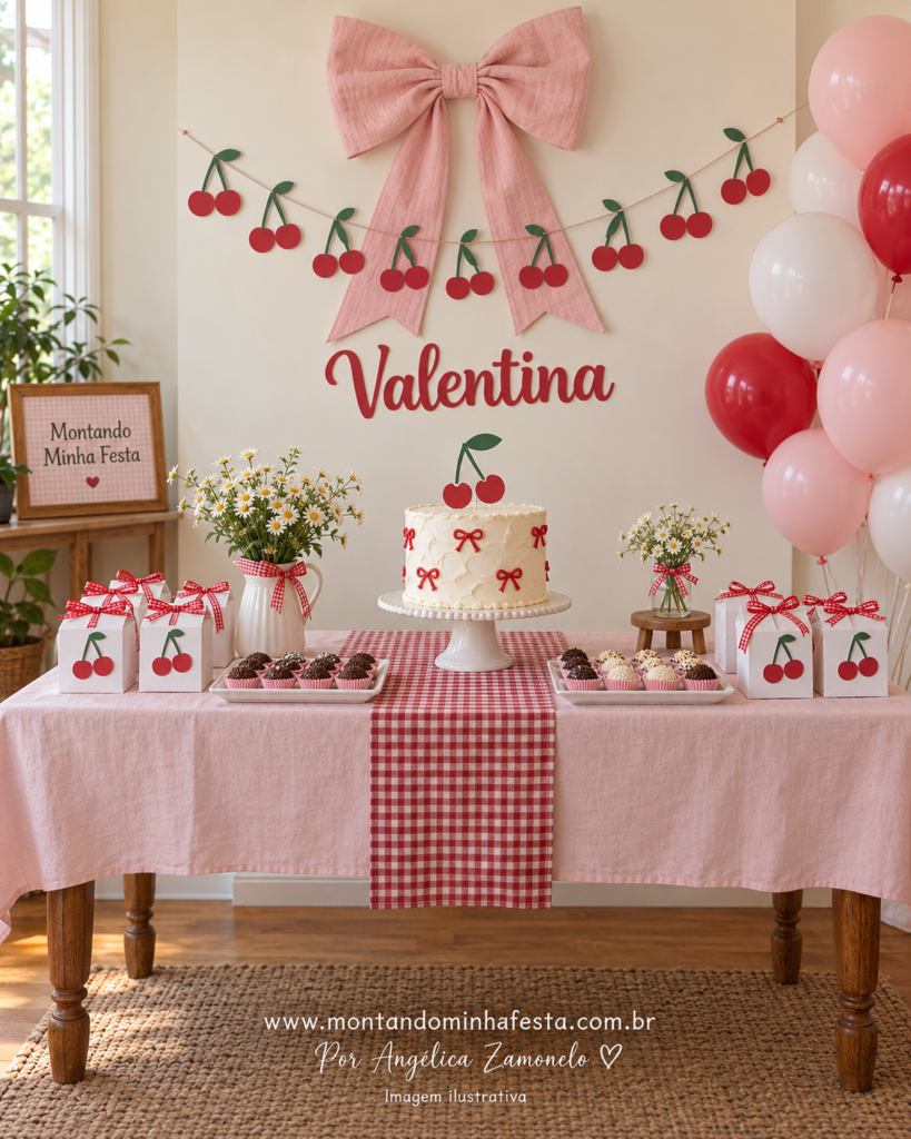 Decoração de festa laços e cerejas em rosa, vermelho e branco, com painel Valentina, varal de cerejas de papel, bolo e caixinhas com laços xadrez.