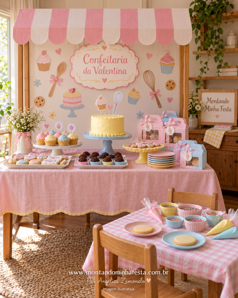 Festa pequena confeitaria em rosa, amarelo e azul-claro, com painel Confeitaria da Valentina, doces e mesinha para decorar biscoitos.