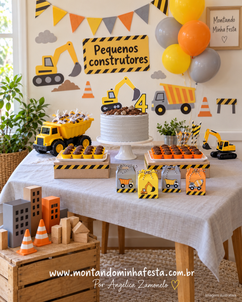 Festa pequenos construtores em amarelo, laranja e cinza, com caminhão e escavadeira de brinquedo, caixinhas temáticas e prédios de papelão.