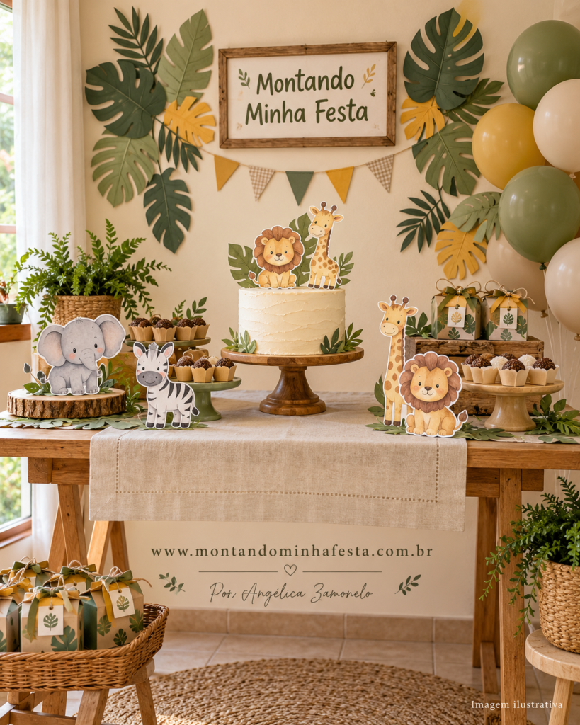 Decoração de festa safári em verde-oliva, bege e amarelo queimado, com animais em aquarela, folhagens de papel e mesa de madeira com bolo e doces.