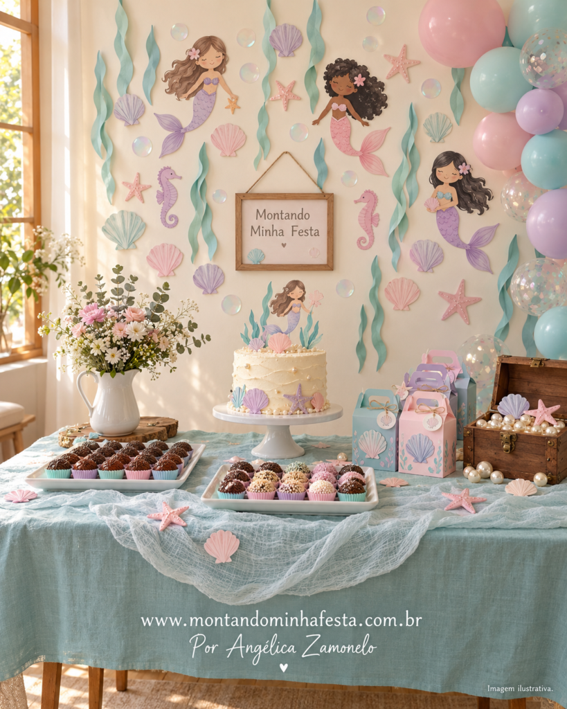 Festa de sereias em verde-água, lilás e rosa, com conchas, cavalos-marinhos, estrelas-do-mar e baú de tesouros na mesa do bolo.