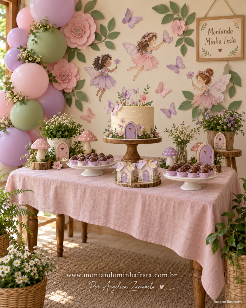Decoração de jardim encantado em lilás, rosa e verde-sálvia, com fadas, borboletas, flores de papel, cogumelos e pequenas portas de fada.