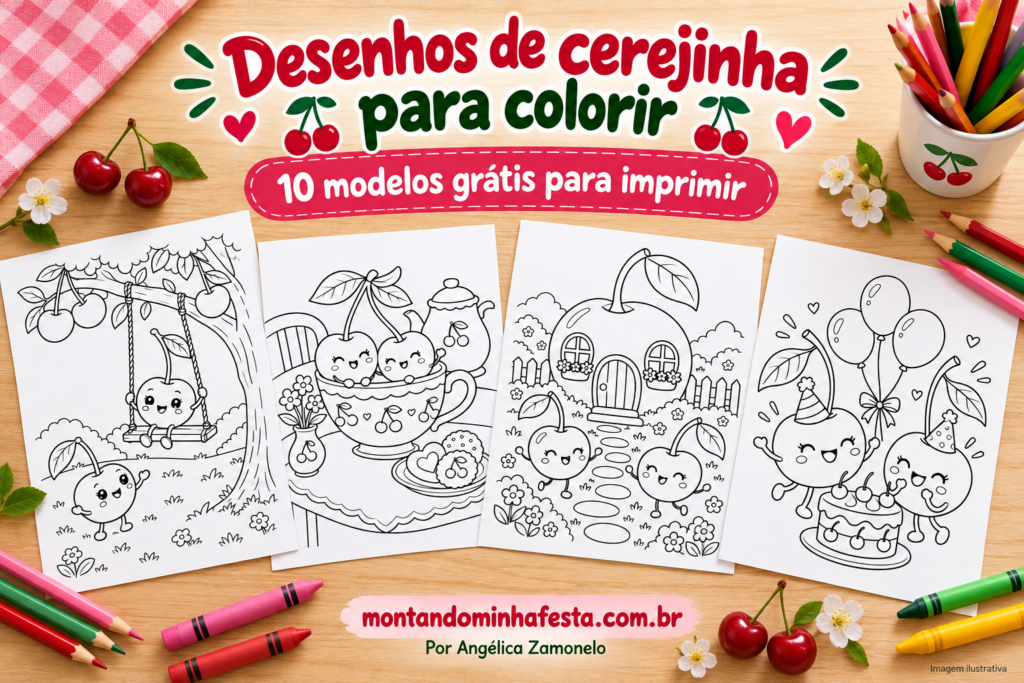 Banner com quatro desenhos de cerejinhas para colorir sobre uma mesa com lápis e giz de cera, anunciando 10 modelos grátis para imprimir.