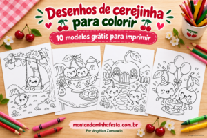 Banner com quatro desenhos de cerejinhas para colorir sobre uma mesa com lápis e giz de cera, anunciando 10 modelos grátis para imprimir.