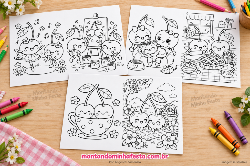 Três folhas com seis desenhos de cerejinhas para colorir sobre uma mesa com lápis de cor e giz de cera.