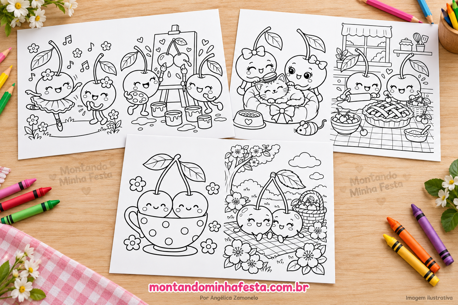 Três folhas com seis desenhos de cerejinhas para colorir sobre uma mesa com lápis de cor e giz de cera.