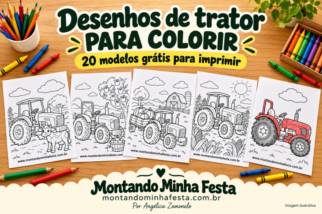 Banner com cinco desenhos de trator para colorir sobre uma mesa com lápis e giz de cera, anunciando 20 modelos grátis para imprimir.