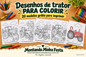 Banner com cinco desenhos de trator para colorir sobre uma mesa com lápis e giz de cera, anunciando 20 modelos grátis para imprimir.