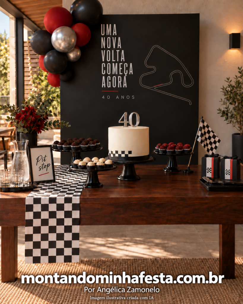 Decoração de festa masculina de 40 anos com tema automobilismo, painel com a frase “Uma nova volta começa agora”, bolo e detalhes quadriculados em preto e branco.
