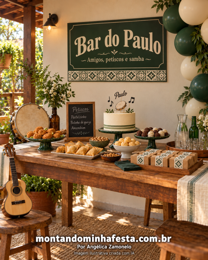 Decoração de festa boteco com samba em verde-escuro e creme, painel “Bar do Paulo”, mesa de madeira com bolo e petiscos, pandeiro e cavaquinho.