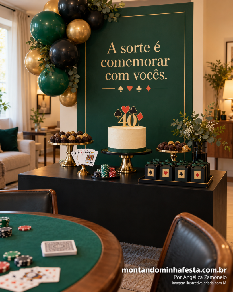 Festa masculina de 40 anos com tema cassino em verde, preto e dourado, cartas, fichas e painel com a frase “A sorte é comemorar com vocês”.