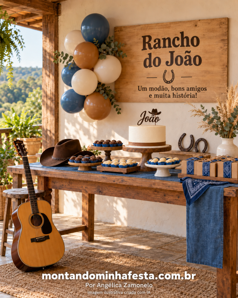 Festa sertaneja com painel “Rancho do João” e frase “Um modão, bons amigos e muita história!”, mesa rústica, detalhes em azul-jeans, chapéu e violão.